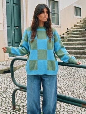 PRINCESS POLLY Alexia Blue and Green
Checkered Women's Sweater {US 4}